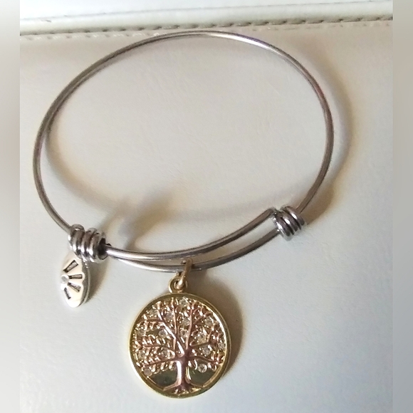 Tree Of Life Charm Bangle Adjustable Two Tone Bracelet - Picture 12 of 15